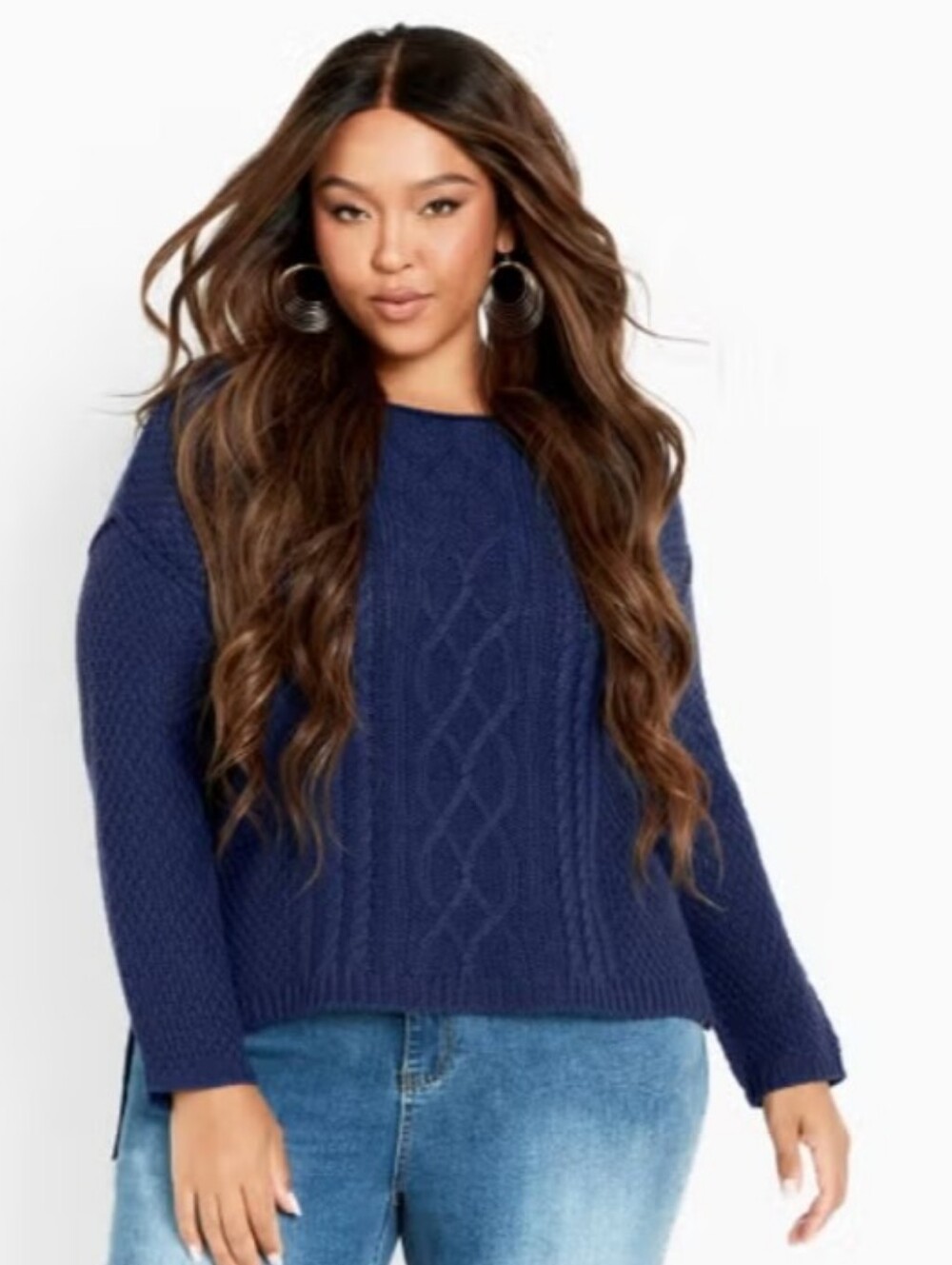 AVENUE The Pheonix Round Neck  Cable Knit Sweater - Navy Blue - Picture 3 of 5